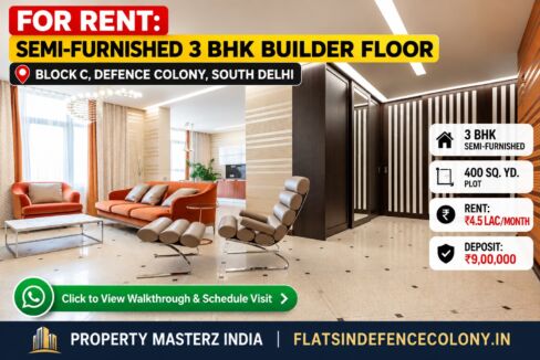 Semi-furnished 3 BHK builder floor for rent in Block C Defence Colony New Delhi offering spacious living on a 400 sq yard plot.