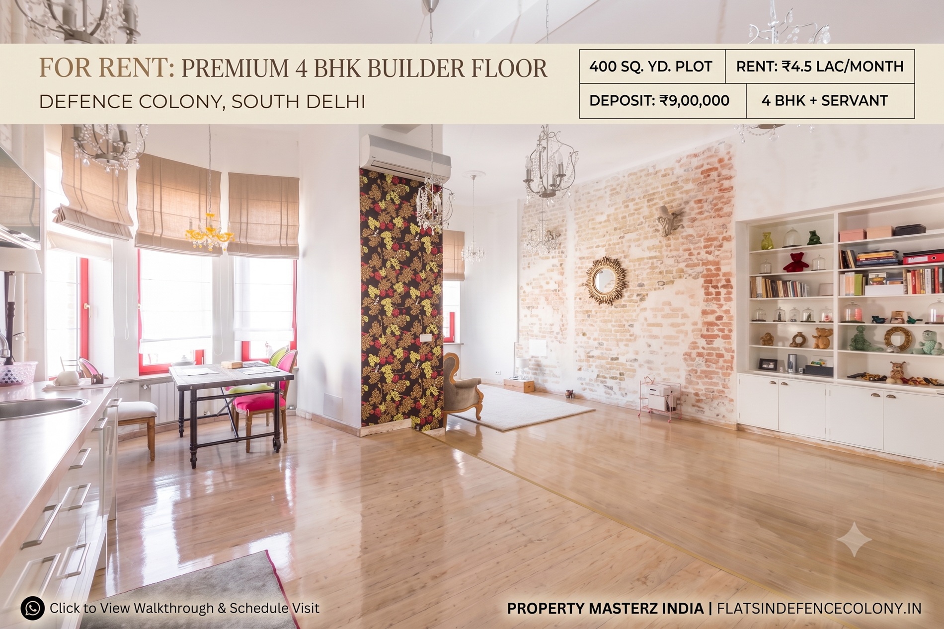 Spacious 4 BHK builder floor for rent in Defence Colony New Delhi on a 400 sq yard plot.